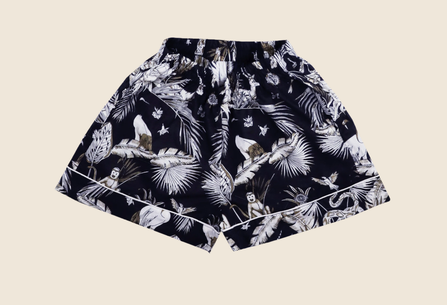 Flat lay of the shorts from the Bhaag Tiger PJ Set, featuring a soft elastic waistband and detailed jungle print.