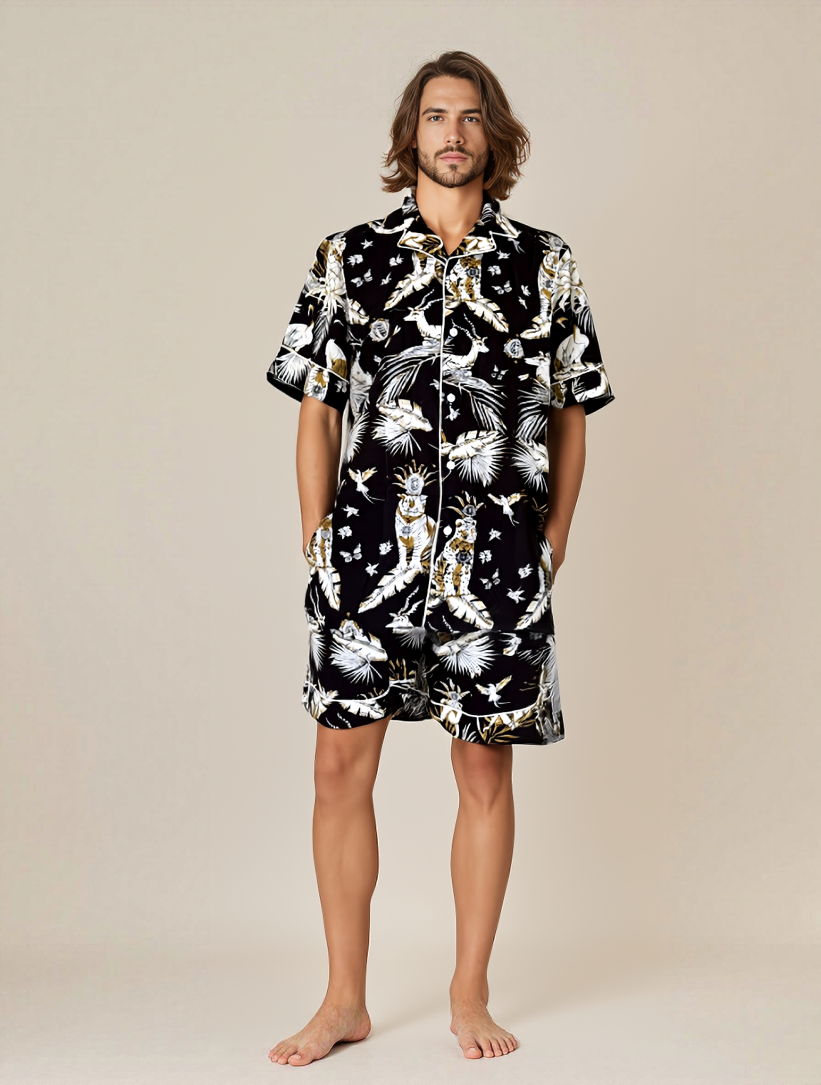 Model in Baagh PJ Set – front view showing unisex fit and bold tiger print