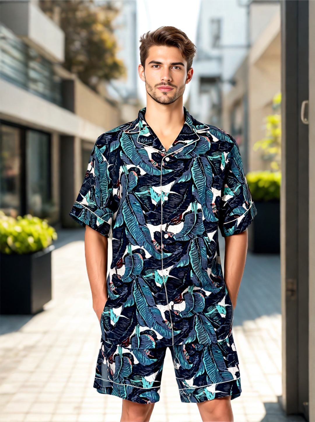 Front view of man wearing Blue Leaf Luxe PJ Set, standing confidently with hands in pocket.