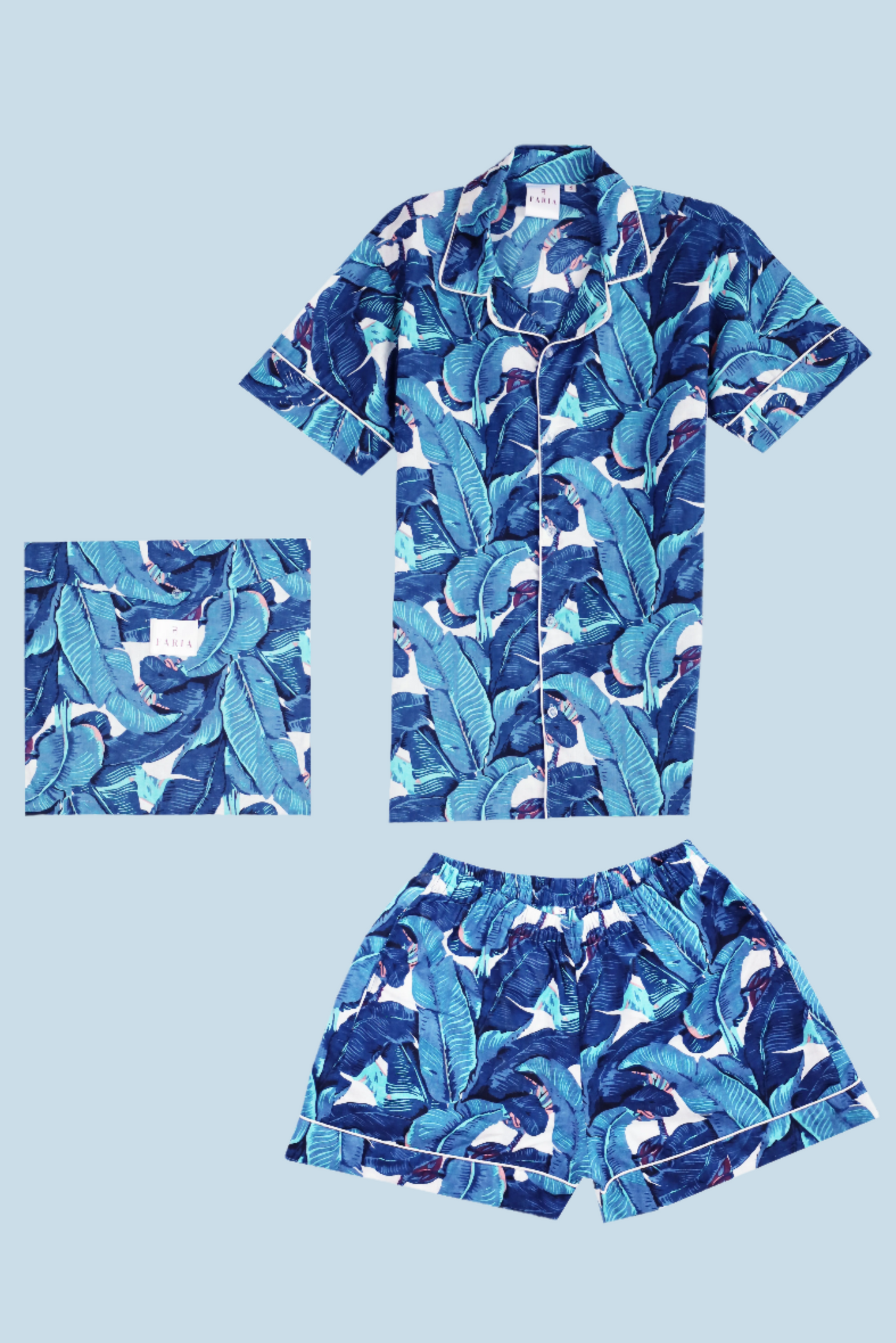 Full flat lay of N Faria Blue Leaf Luxe PJ Set