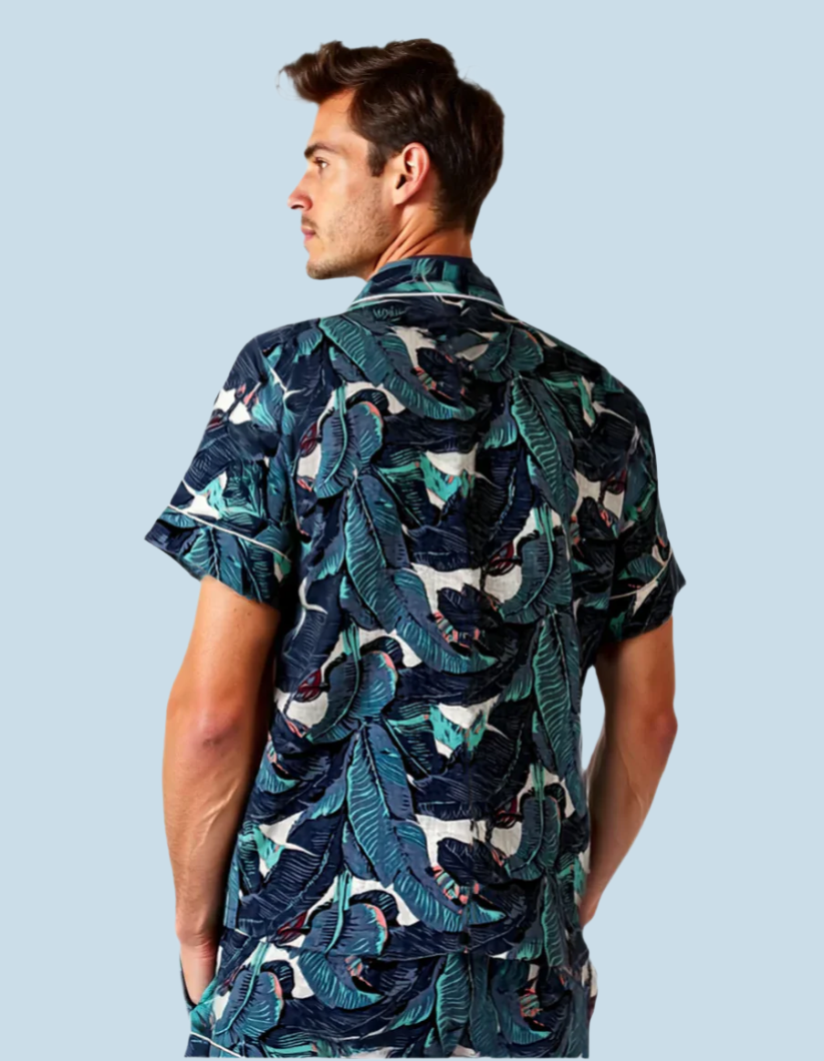 Back view of man wearing N Faria Blue Leaf Luxe PJ Set.
