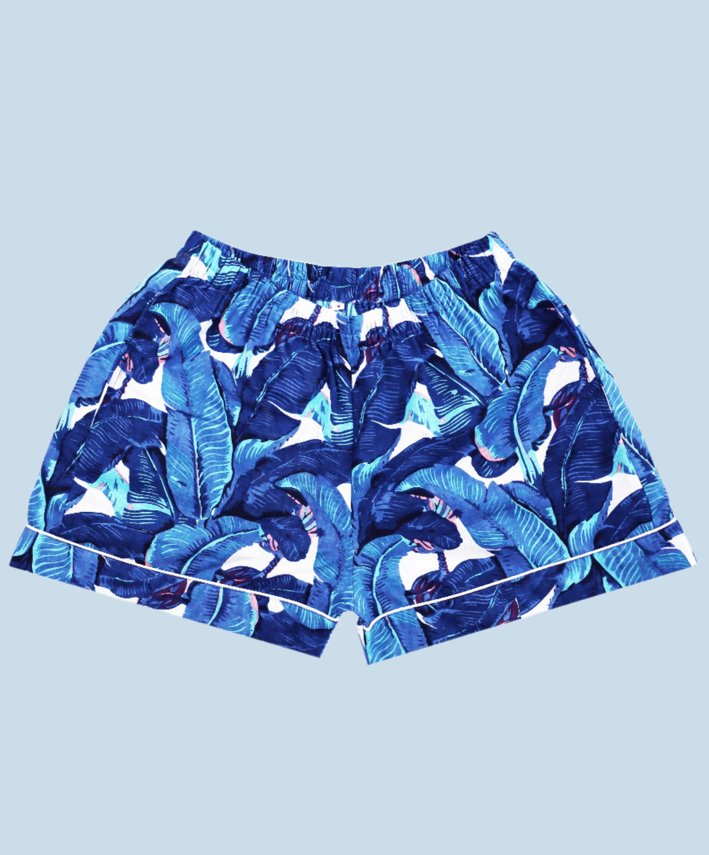 Flat lay of N Faria Blue Leaf Luxe PJ shorts with side pockets.