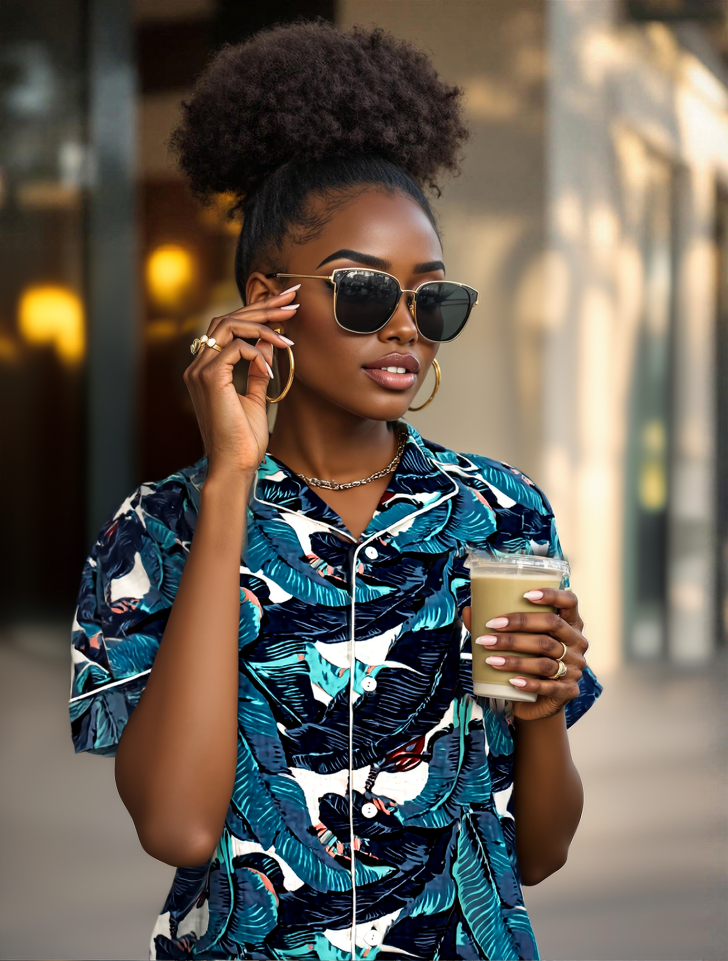 Woman in sunglasses wearing the N Faria Blue Leaf Luxe PJ Set outdoors.