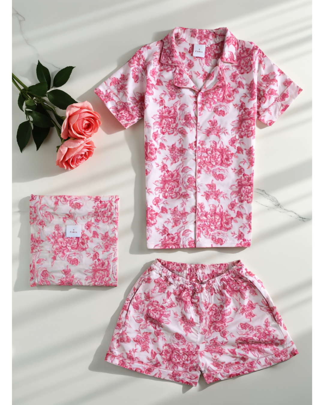 N Faria Rosé Luxe PJ Set - premium cotton floral sleepwear set