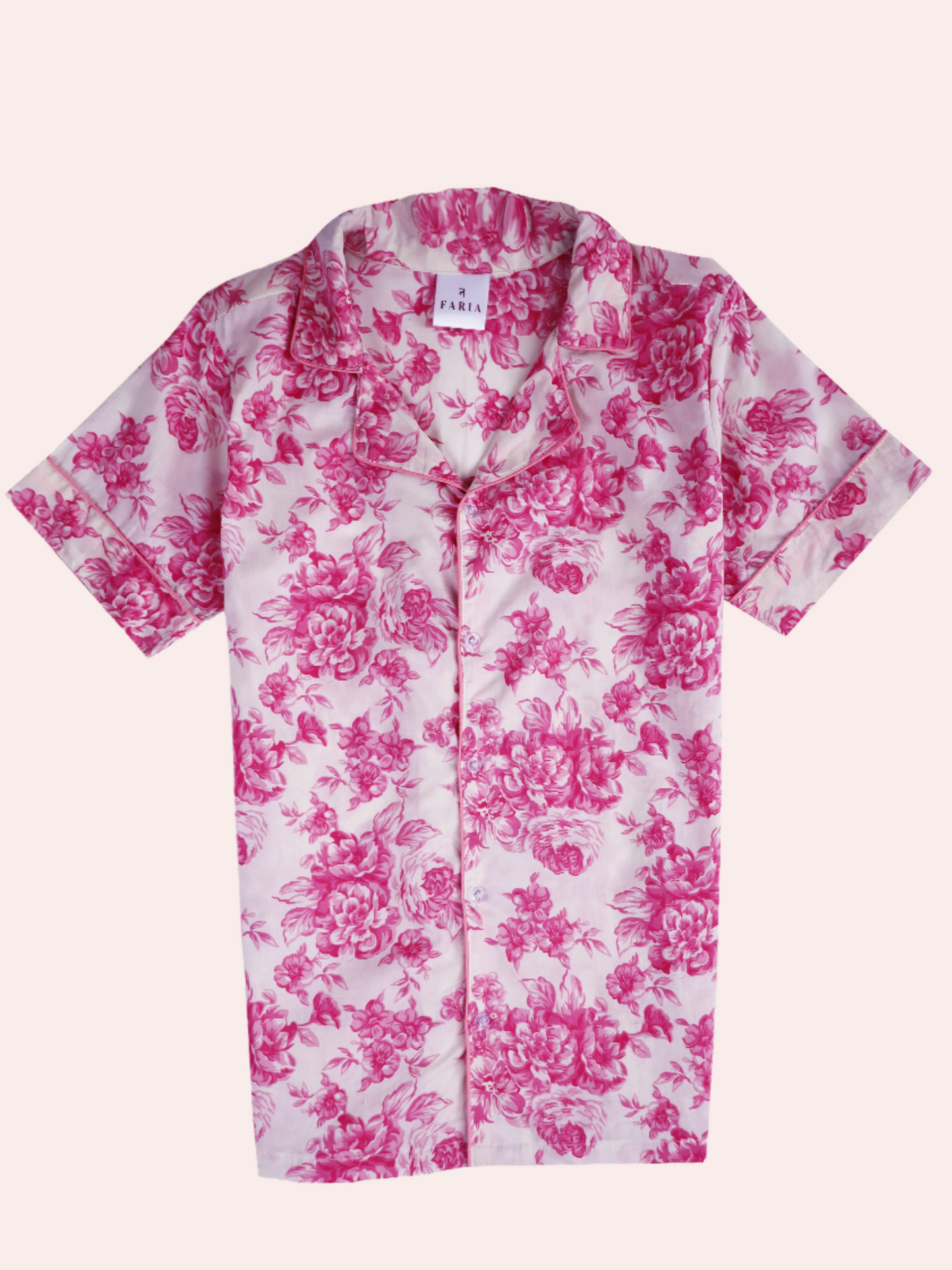 Front view of N Faria Rosé Luxe PJ shorts - pink floral cotton shorts with pockets