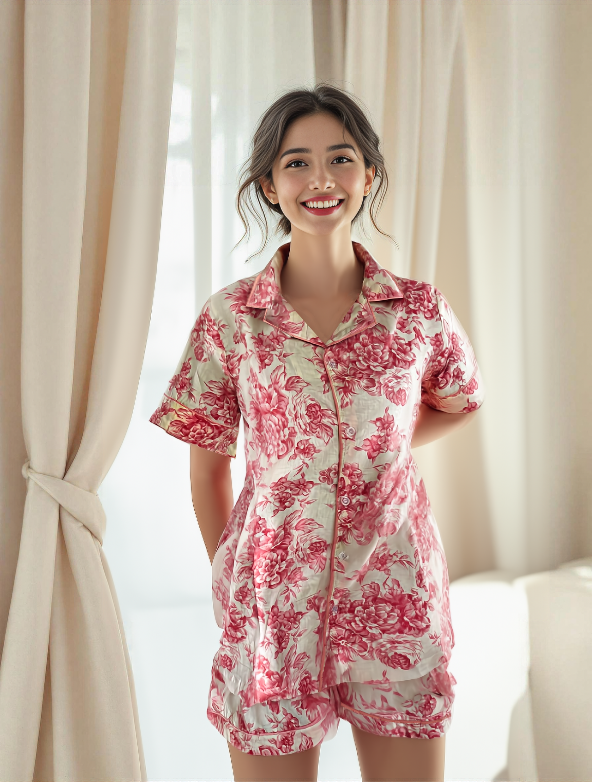 Woman standing in N Faria Rosé Luxe PJ Set - pink floral cotton pajama