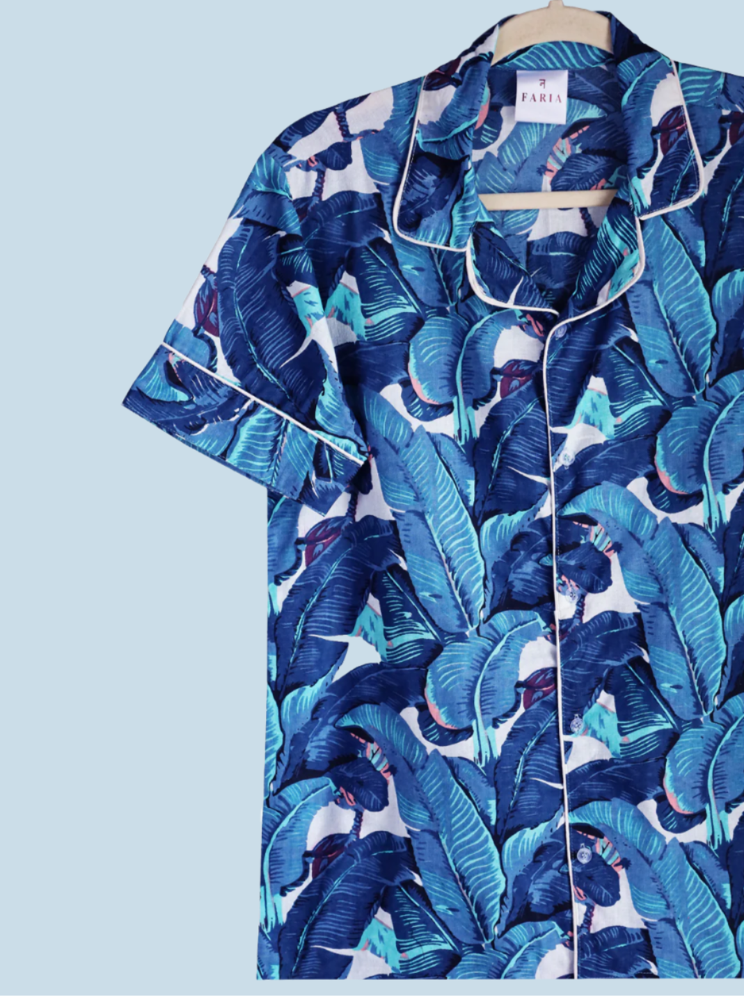 N Faria Blue Leaf Luxe PJ Set on hanger.