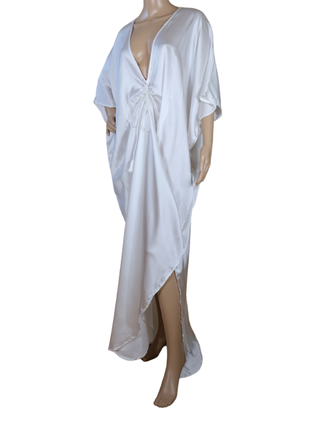 Cinched front view of N Faria The Ivory Kaftan with waist tie