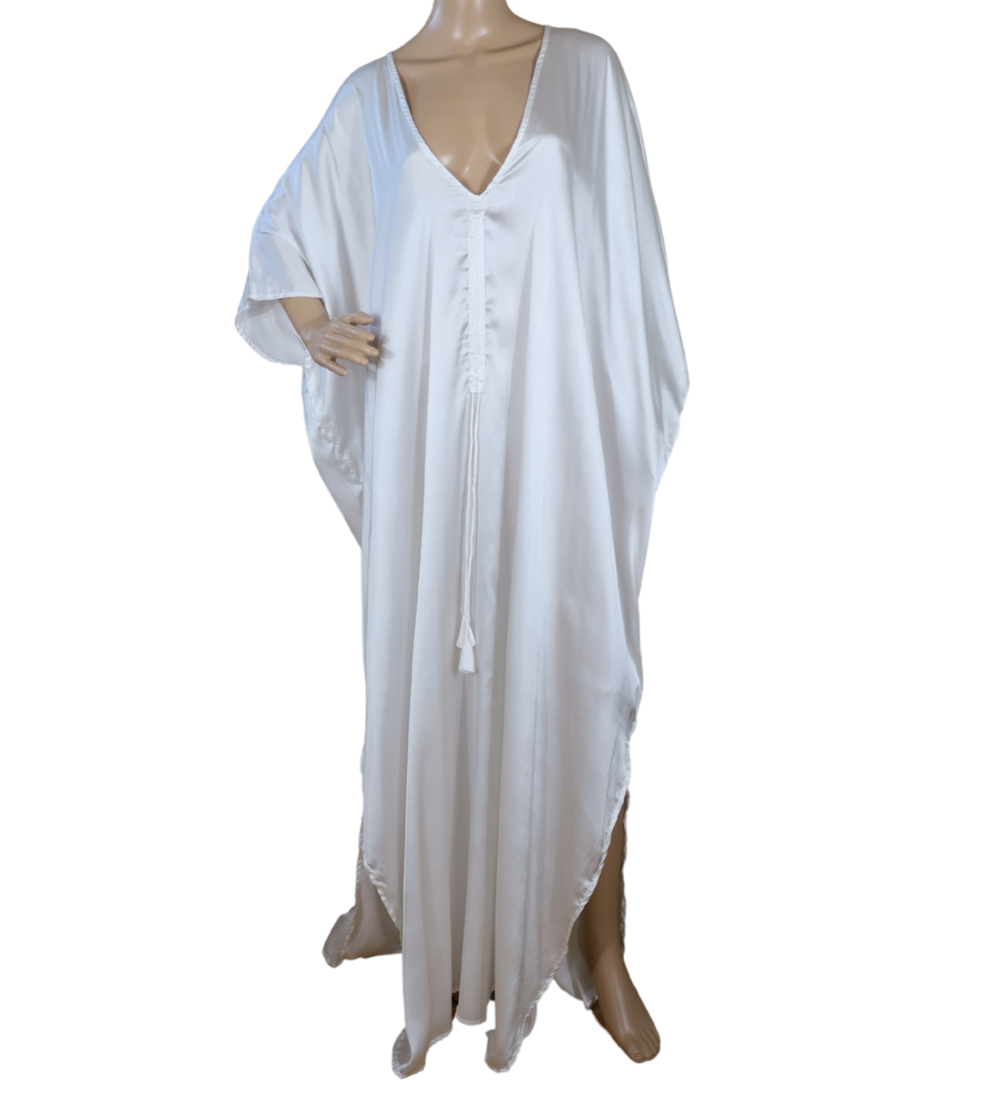 Front view of N Faria The Ivory Kaftan featuring adjustable waist tie