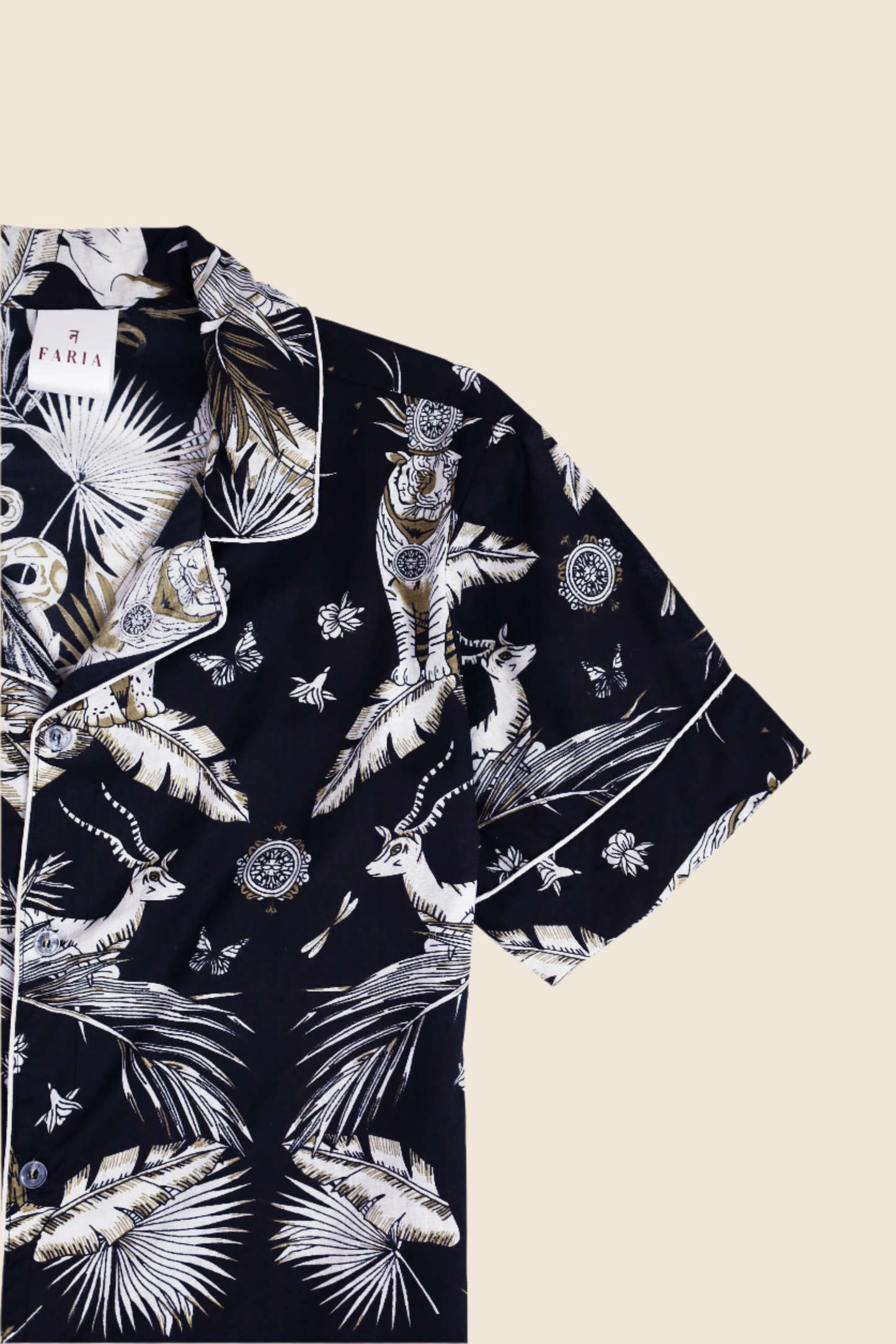 Bhaag Tiger PJ Set – cropped front shot highlighting the collar, label, and upper pattern details of the shirt.