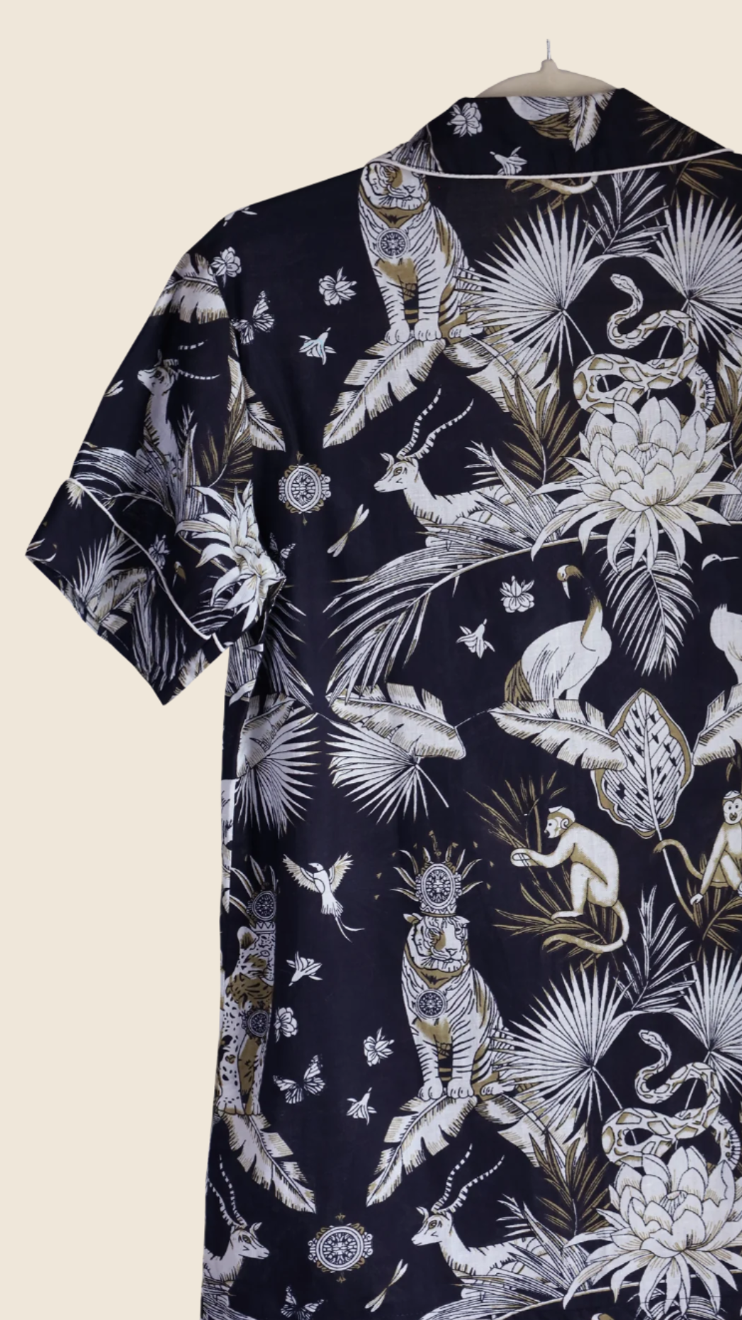 Bhaag Tiger PJ Set – back view of the short-sleeve shirt showcasing the hand-drawn jungle print with tigers, antelopes, and palms.