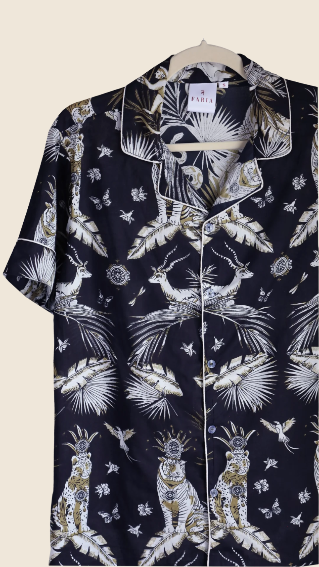 Bhaag Tiger PJ Set – front view of the button-down shirt with white piping and detailed animal and botanical print.