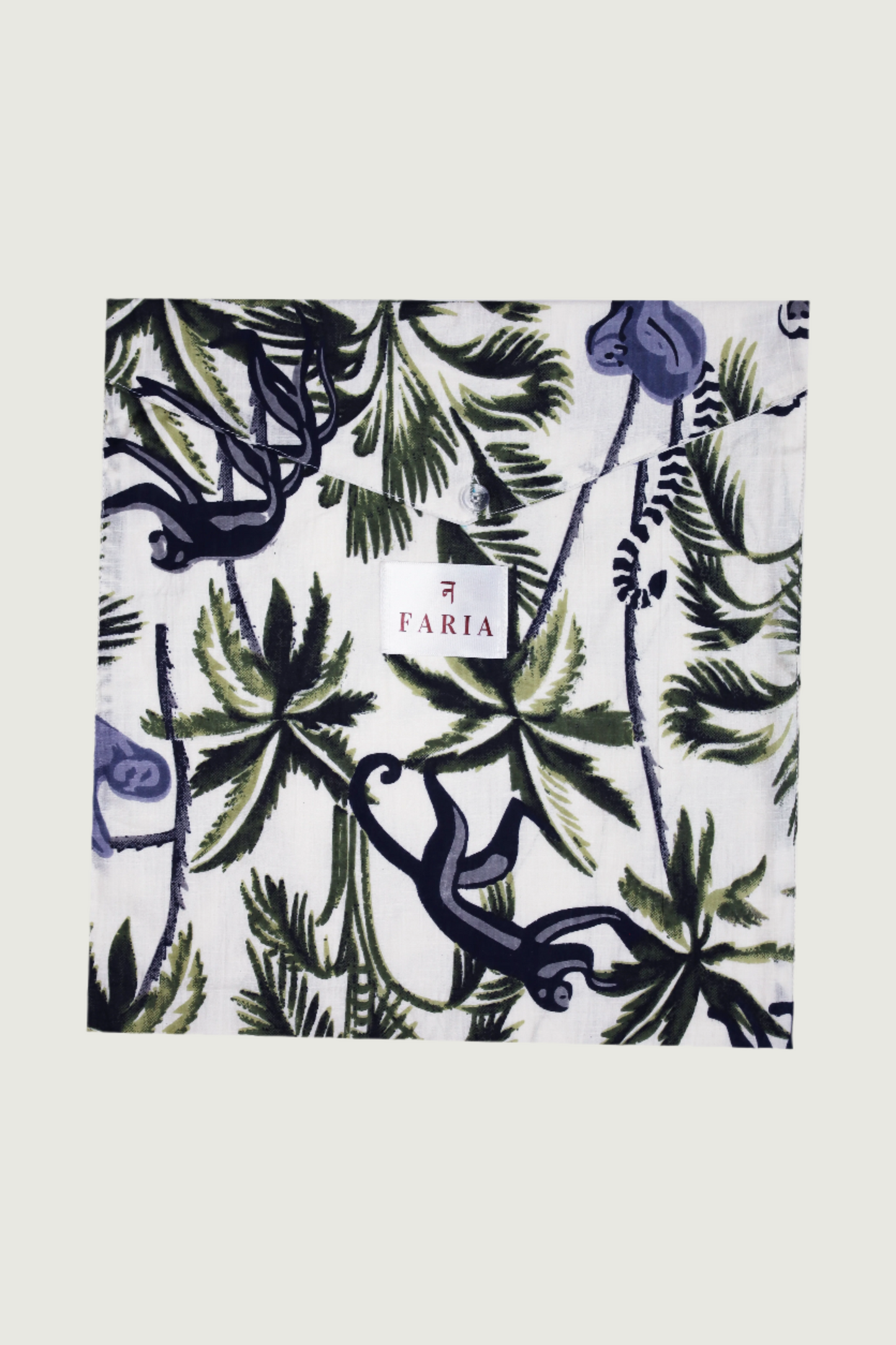 N Faria Langoor PJ Set β branded fabric pouch with palm and monkey print