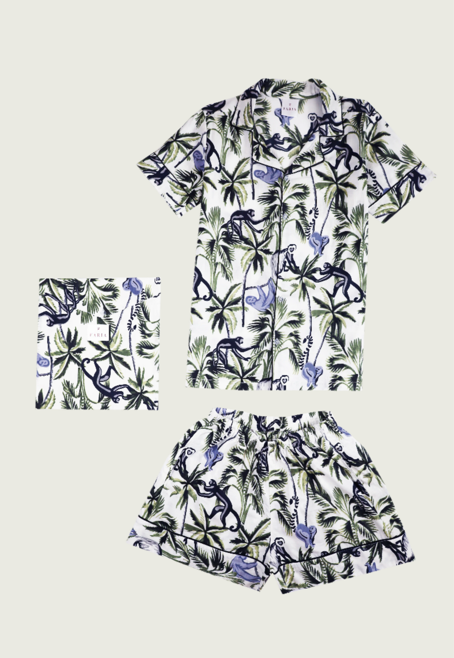 N Faria Langoor PJ Set β full flatlay of shirt, shorts, and fabric pouch.