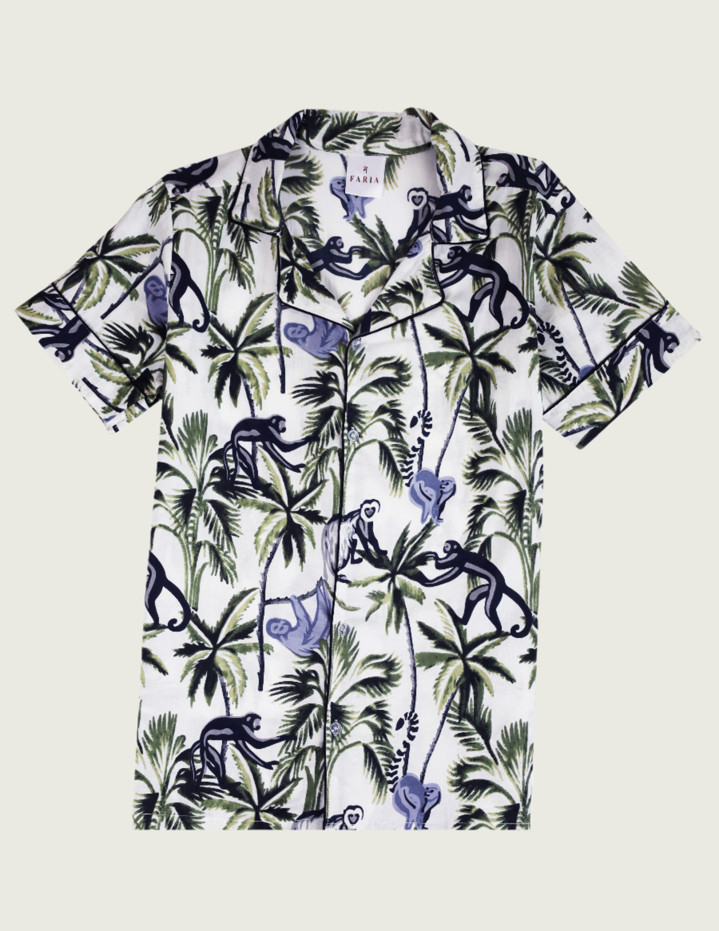 N Faria Langoor PJ Set β front view of short-sleeve shirt with monkey print