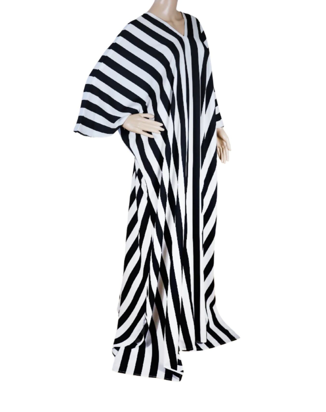 Side view of The Eclipse Kaftan by N Faria with flowing black and white striped design