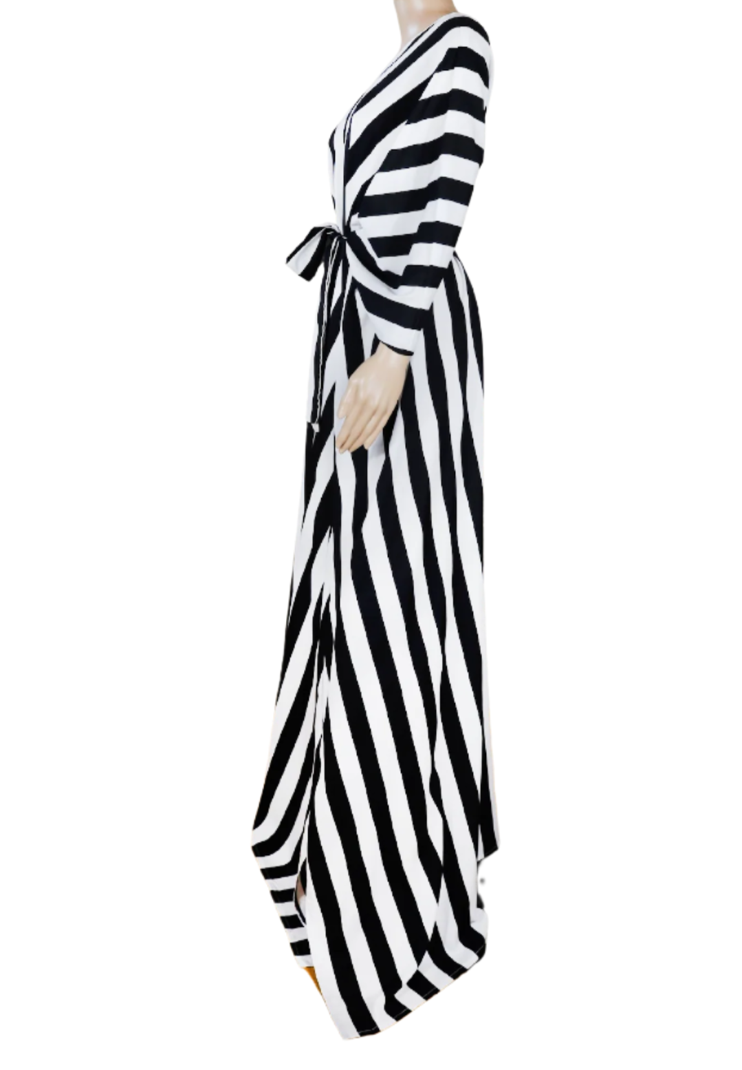 Side view of The Eclipse Kaftan by N Faria with flowing black and white striped design