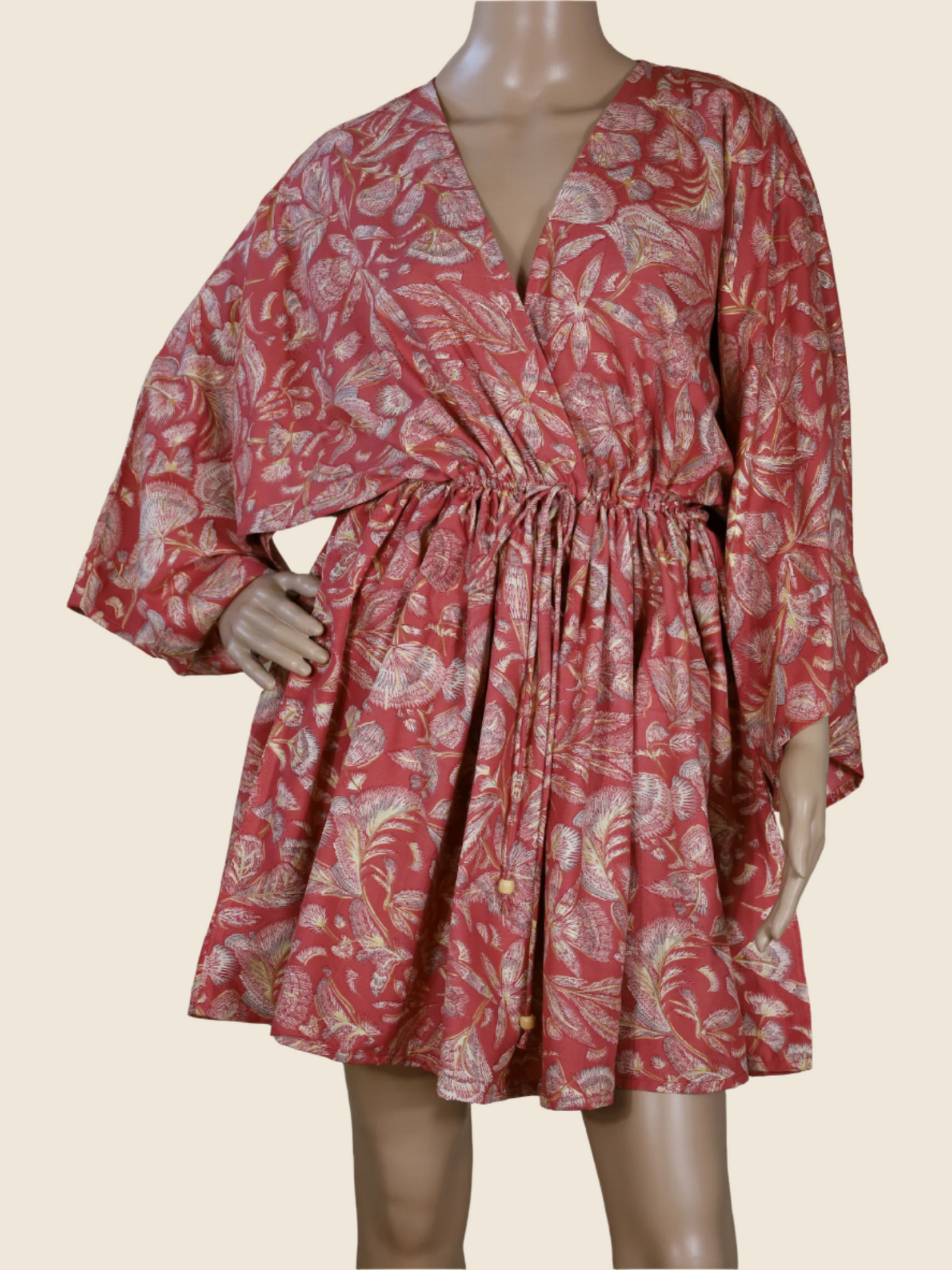 Front view of The Solace Kaftan by N Faria cinched waist, above the knee