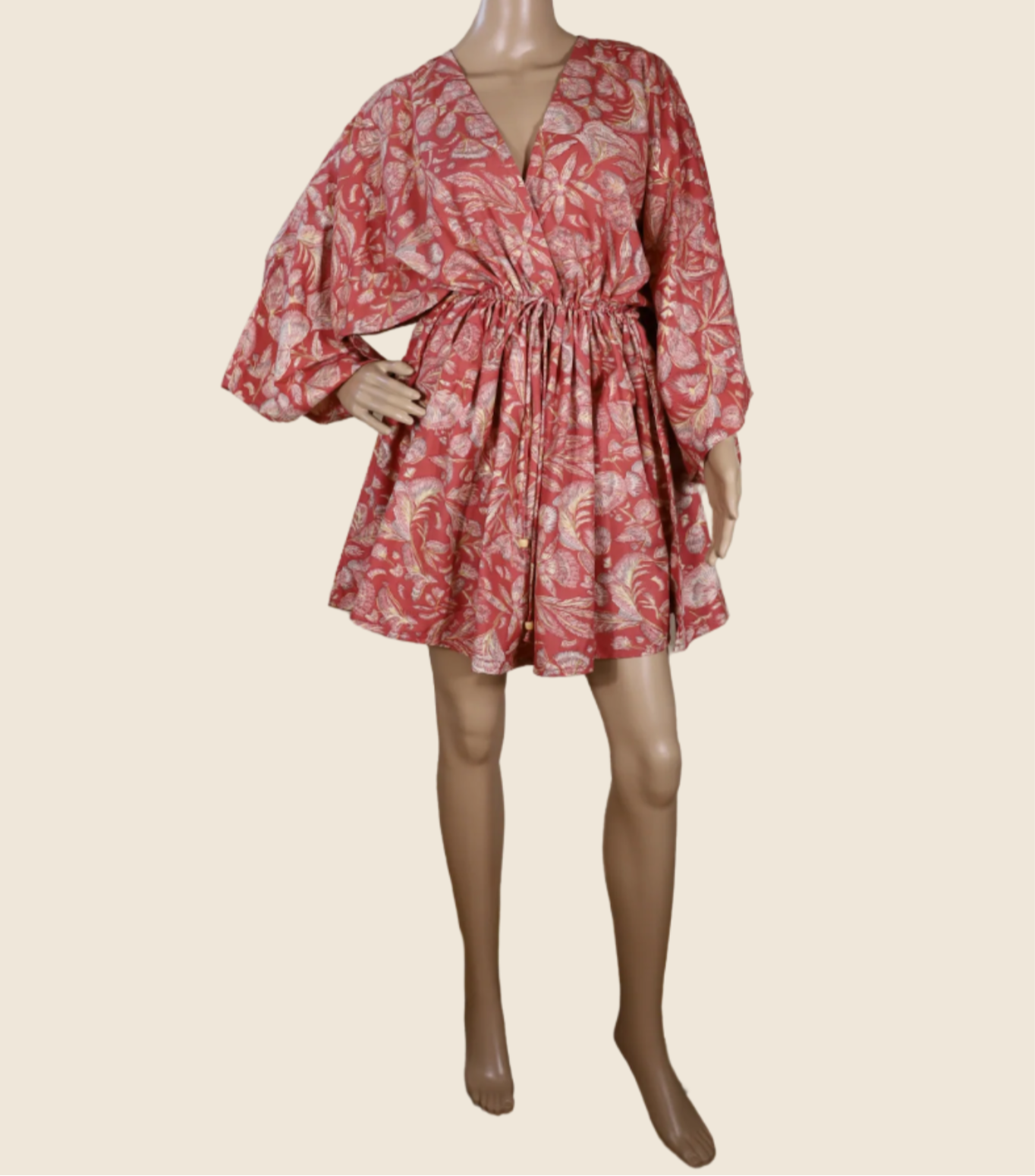 Front view of The Solace Kaftan by N Faria, short coral leaf print kaftan