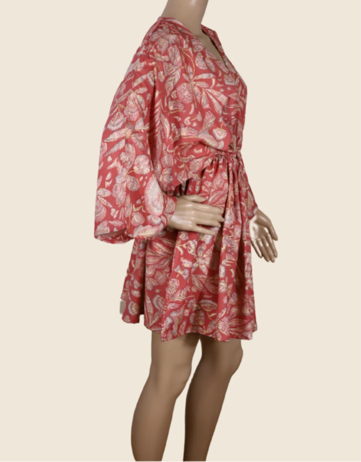 Side view of The Solace Kaftan by N Faria showing short flowing silhouette and cinched waist.