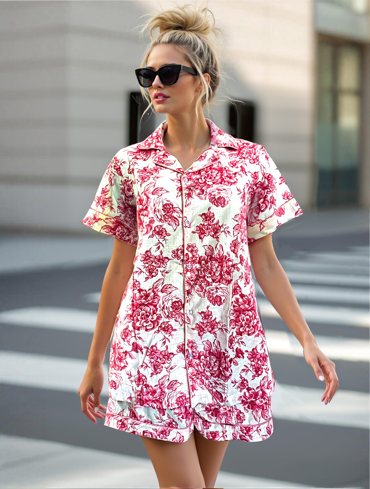 Woman crossing the street wearing N Faria Rosé Luxe PJ Set – stylish pink pajama shorts and shirt.