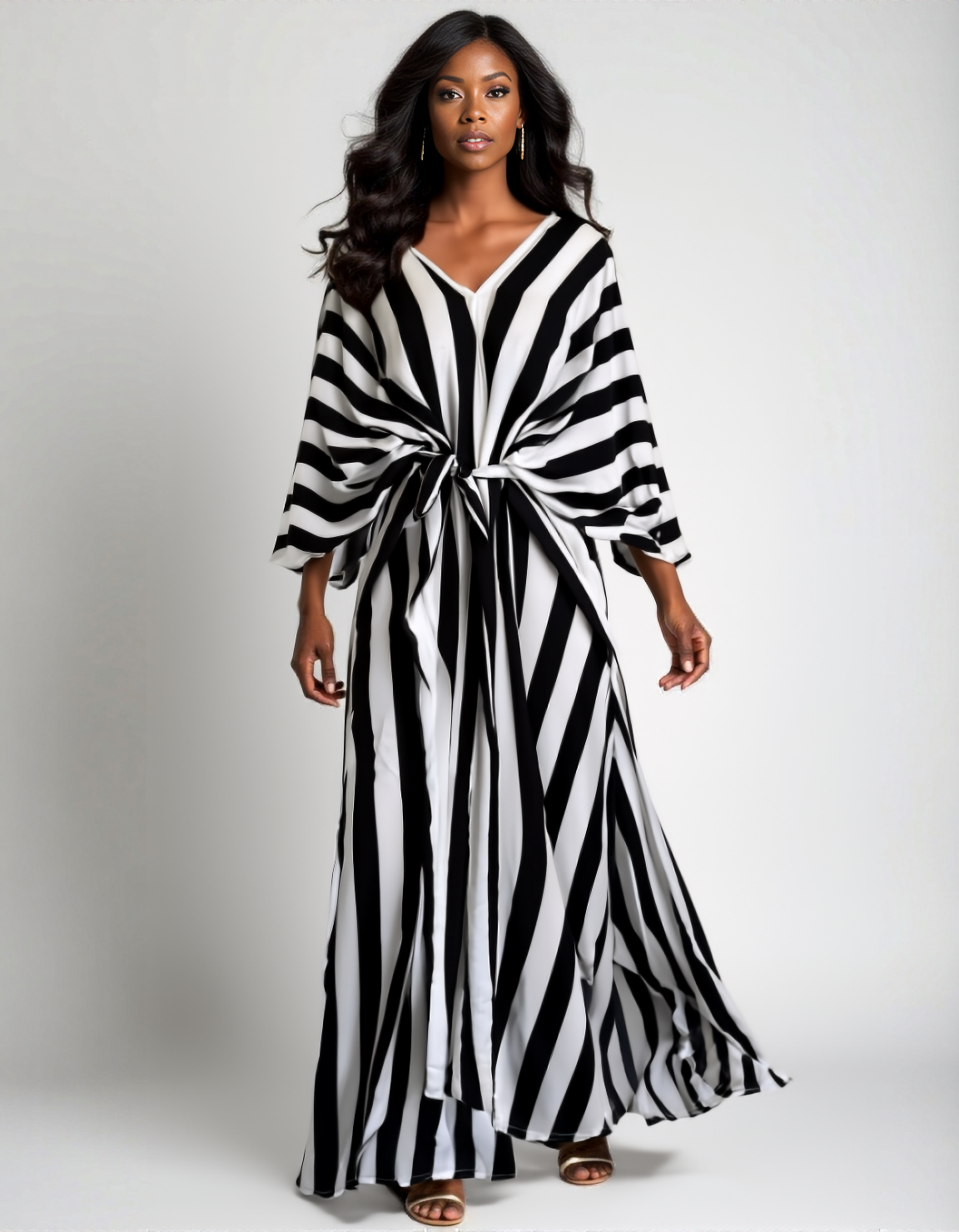 Woman wearing The Eclipse Kaftan by N Faria belted with fabric tie