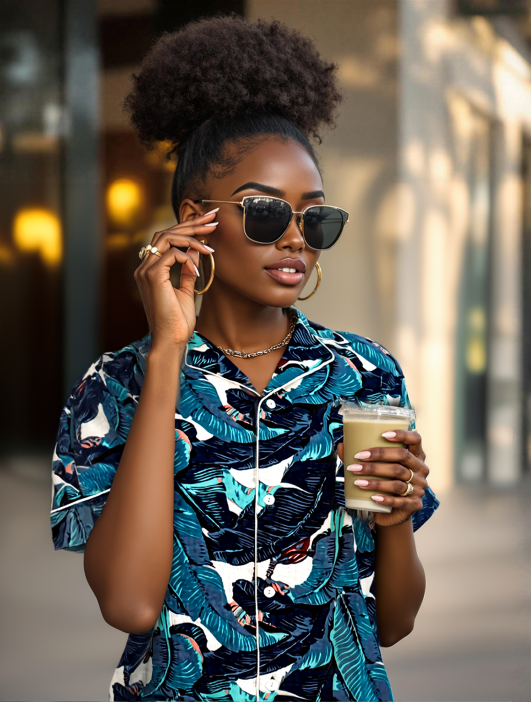 Woman in sunglasses wearing the N Faria Blue Leaf Luxe PJ Set outdoors.