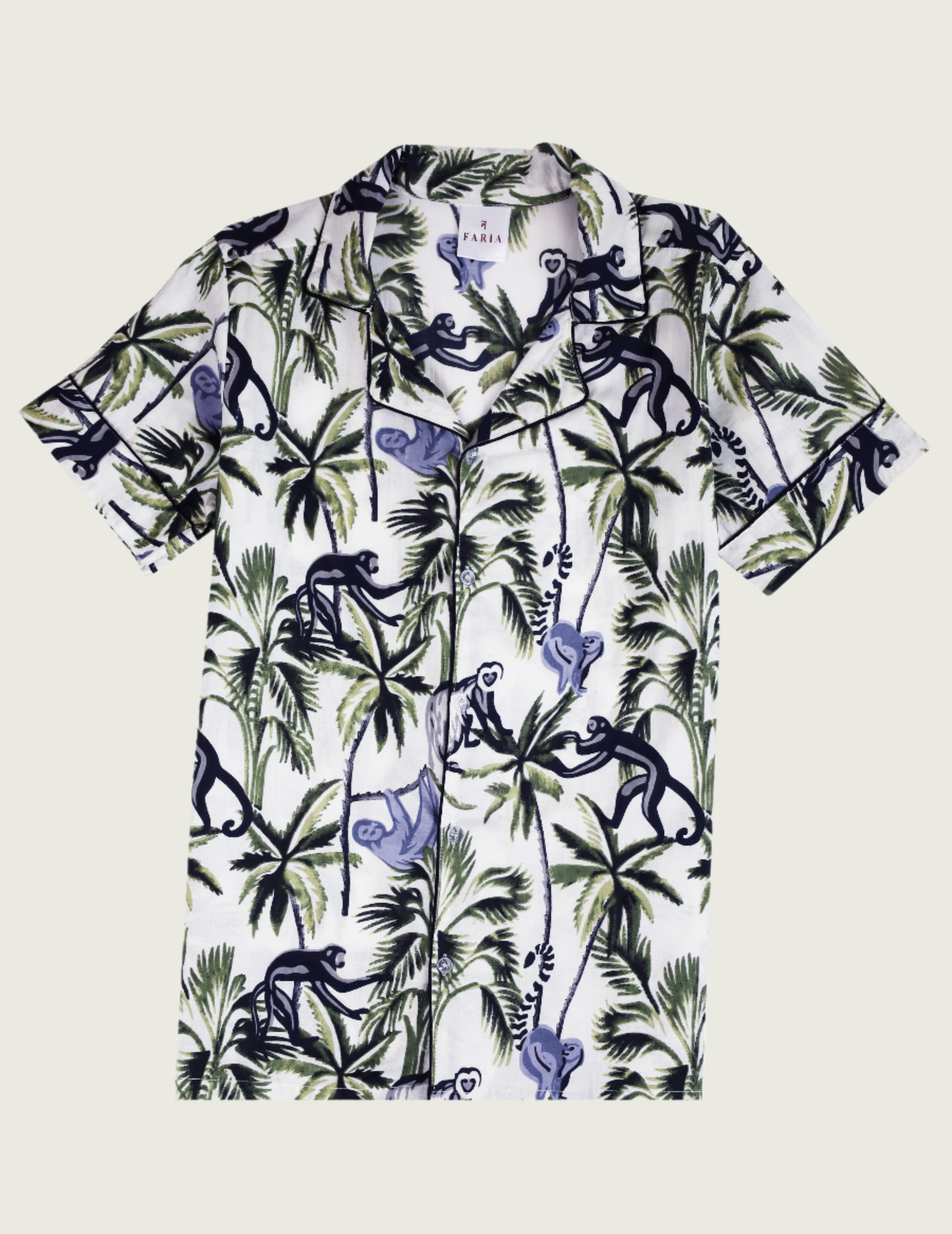 N Faria Langoor PJ Set – front view of short-sleeve shirt with monkey print